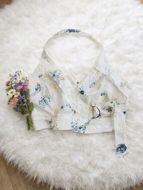 Anthropologie Pilcro Cotton Floral Halter Buckle Wrap Top White Blue Large NWT
